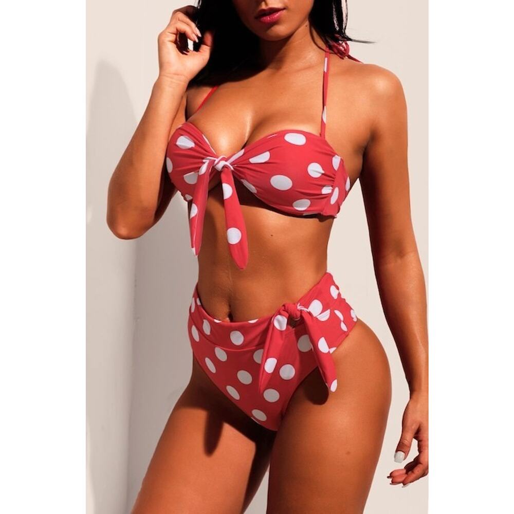 New Women's Red & White Polka Dot 2 Piece Bikini Waist Sash large Pin Up Vintage - Picture 2 of 3